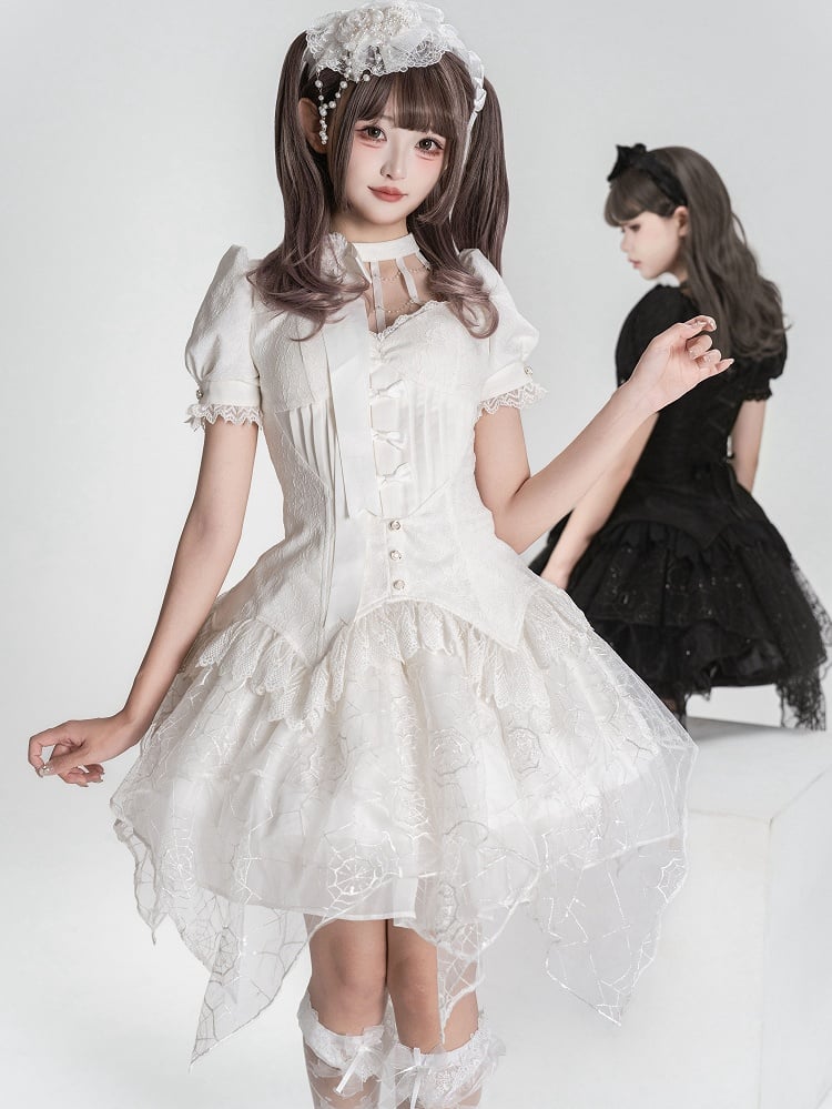 Spider Out Short Web Detachable Hallow Skirt Sleeves Lolita + Collar Gothic Overlay White Top Embroidery