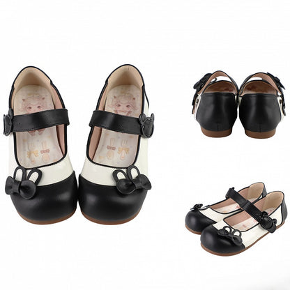 Ear Bowknot Decorated Black Bunny Flats Buckle Bear