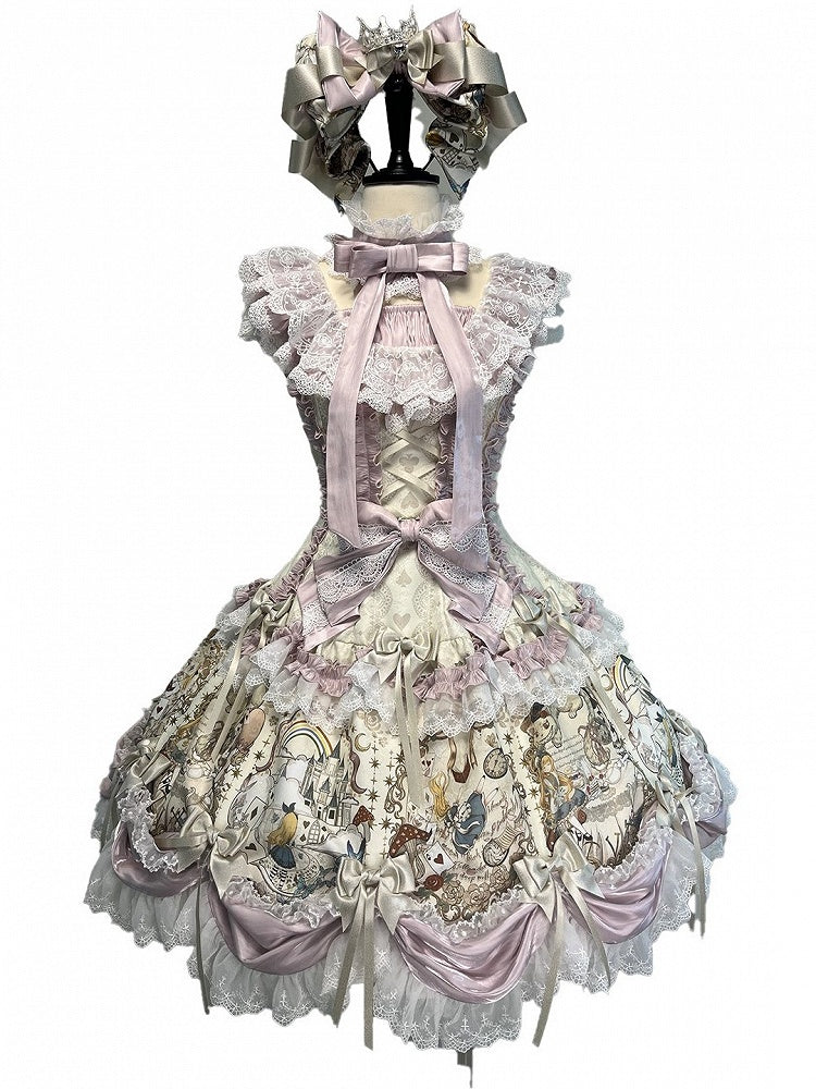 Beige Lolita Dress with Playing-Card Motif & Elegant Details - Rosede Cheese