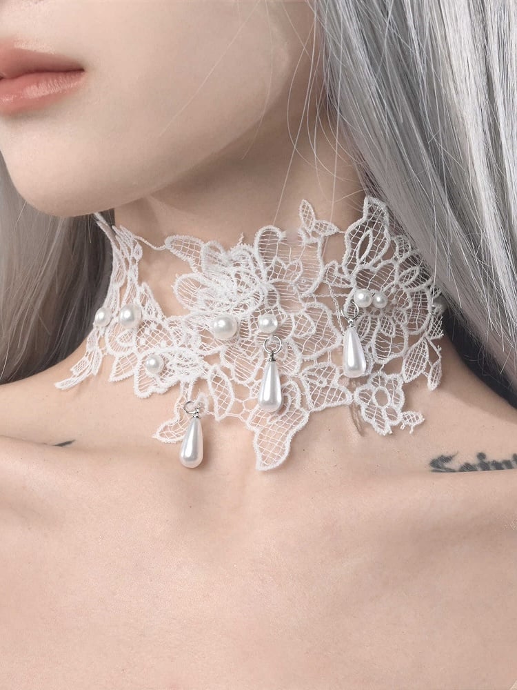 Weiße Choker-Details, Perlen-Spitzen-Applikation