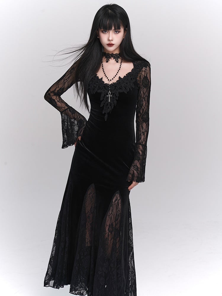 Black/Wine Red Gothic Lace Bell Sleeves Velvet Mermaid Dress