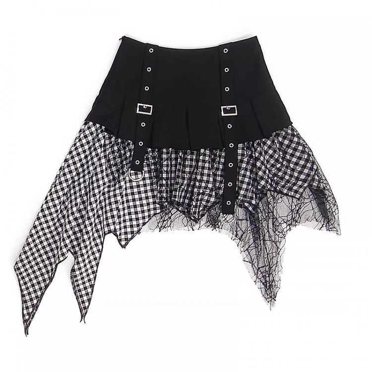 Taschentuch Saum Mesh Patchwork Y2K Schwarz Blau/ Weiß Karierter Rock Schwarz