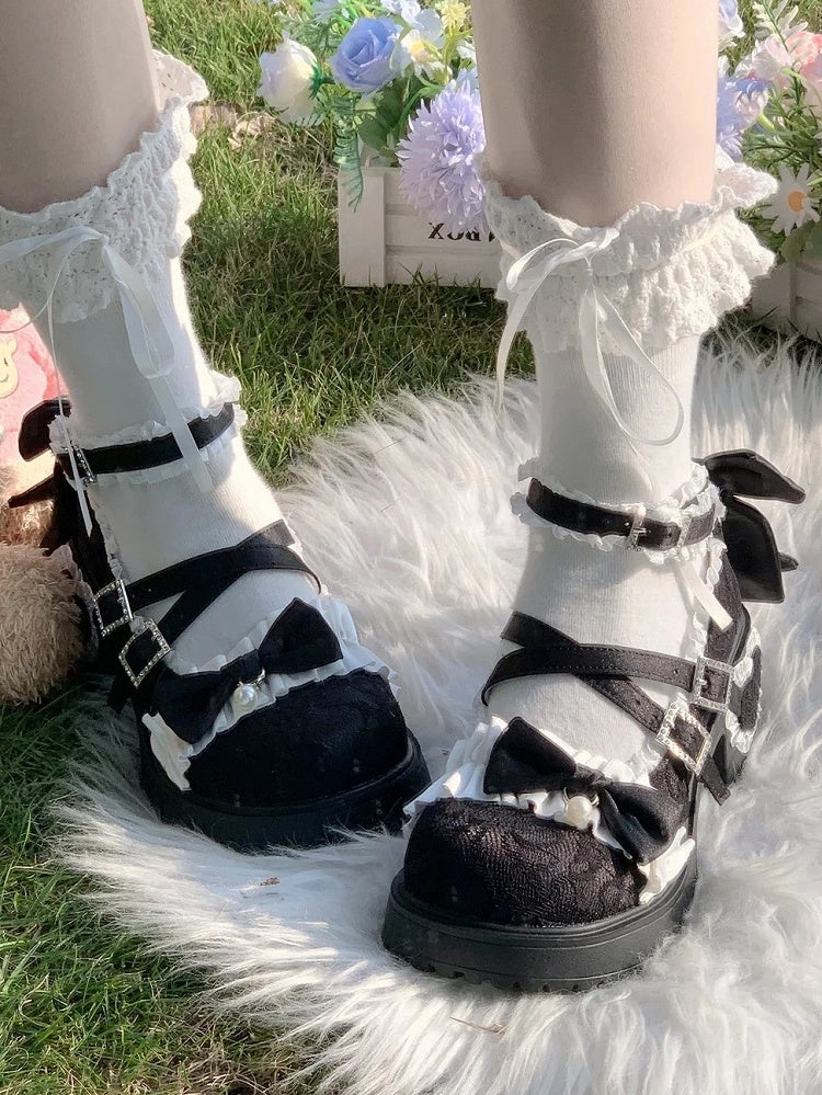 Elegant Lolita Black Platform Mid Block Heel Mary Janes - Crystal Buckle, Ruffle Trim & Heart Patch Heel
