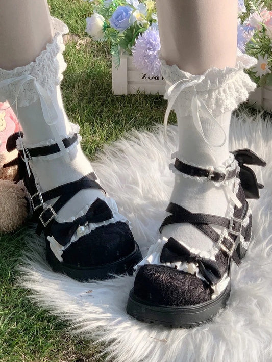 Elegant Lolita Black Platform Mid Block Heel Mary Janes - Crystal Buckle, Ruffle Trim & Heart Patch Heel