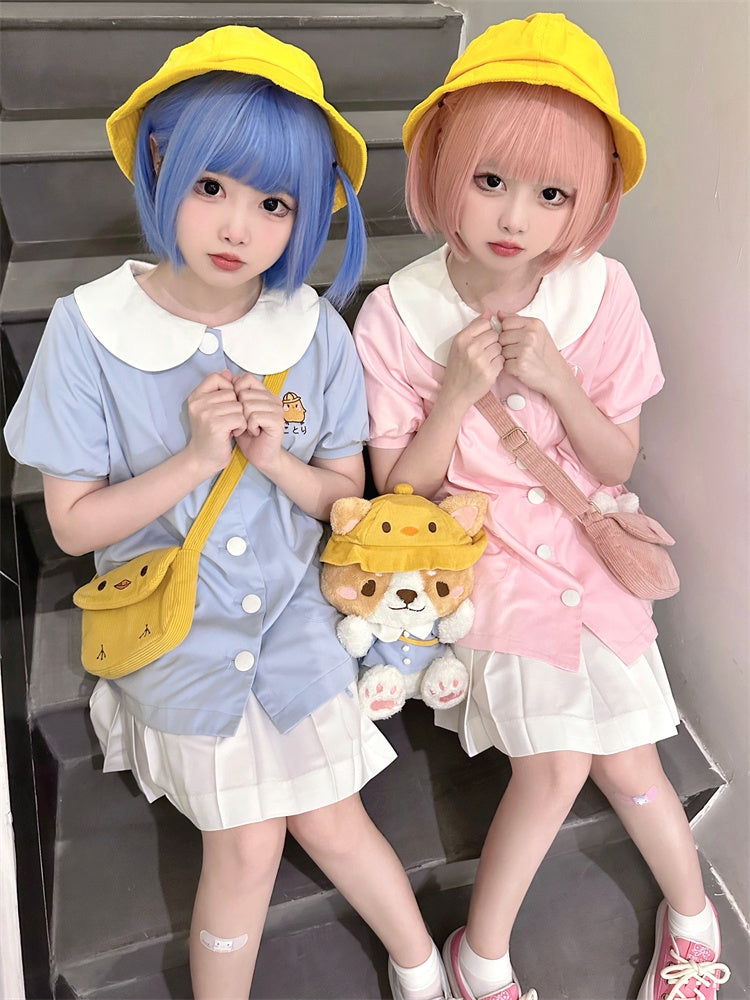 Hellblaues Top mit Puffärmeln und Peter-Pan-Kragen von Little Chicken