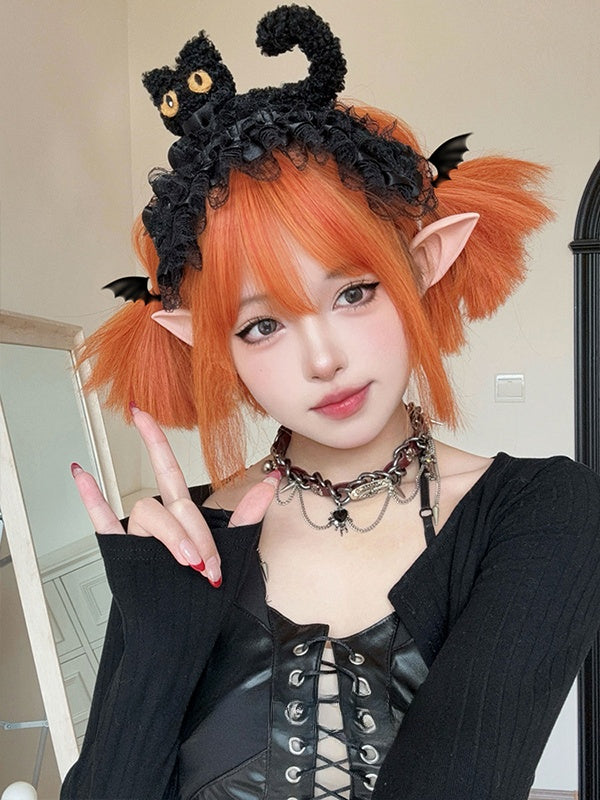 Orangefarbene, kurze, glatte Kunsthaarperücke mit vollem Pony