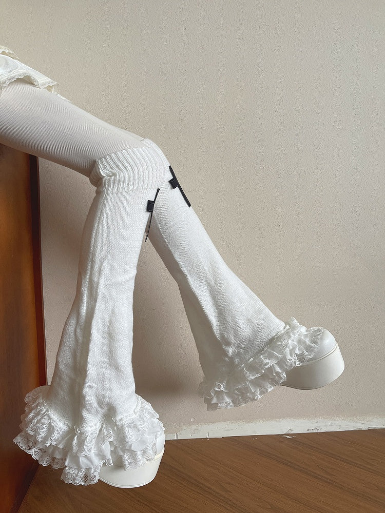 Knitted Lace Trim Leg Gothic Cross Flared Decoration Warmerswith White