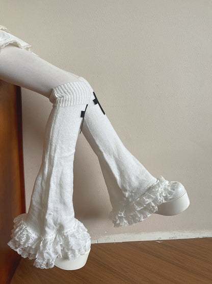 Knitted Lace Trim Leg Gothic Cross Flared Decoration Warmerswith White