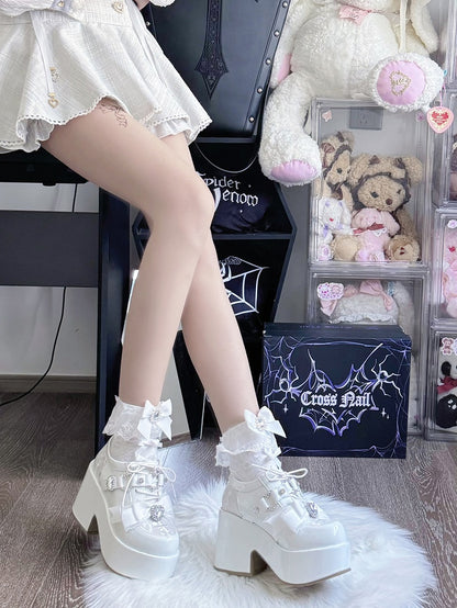 with Heart Bow Cross Mary Embroidery Jirai - Toe Heel Platform Rhinestone Janes Kei White