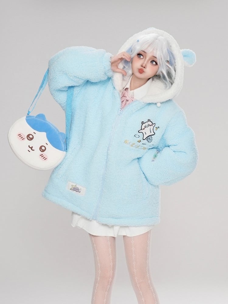 Cartoon-Druck mit Kapuze blau Eichhörnchen Mantel Ohren Fleece