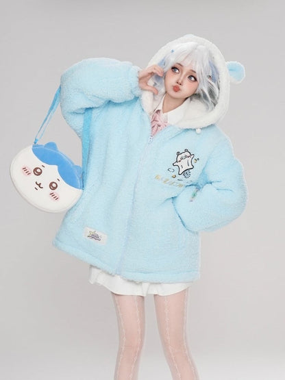 Cartoon-Druck mit Kapuze blau Eichhörnchen Mantel Ohren Fleece