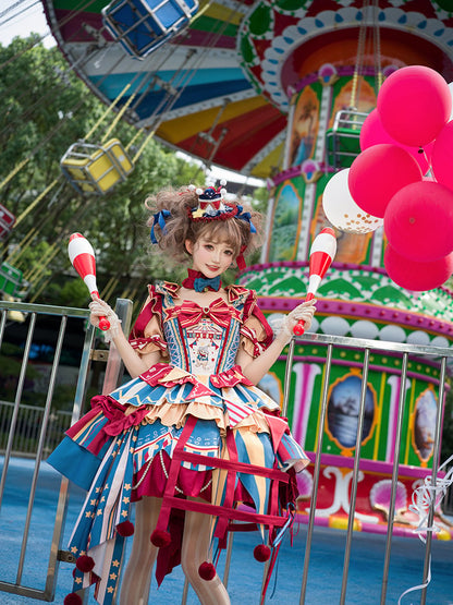 with Skirt Blue Jumper Sweet Dress Bunny Circus Embroidery and Sleeves Detachable Lolita Puff Red