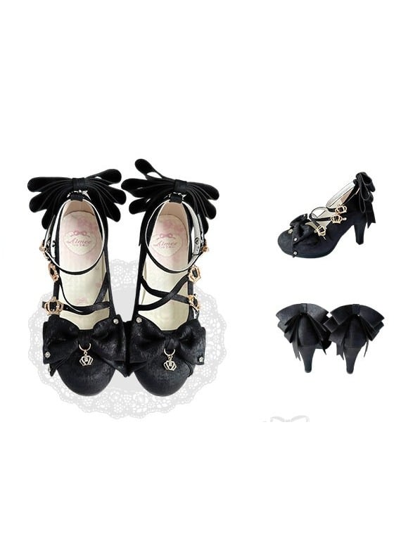 Spakling Black Bowknot Round Toe Lolita Shoes with Crown Buckle and Pendant Details - 8.5cm High Heel - Aimee