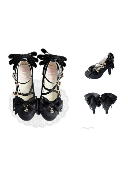 Spakling Black Bowknot Round Toe Lolita Shoes with Crown Buckle and Pendant Details - 8.5cm High Heel - Aimee