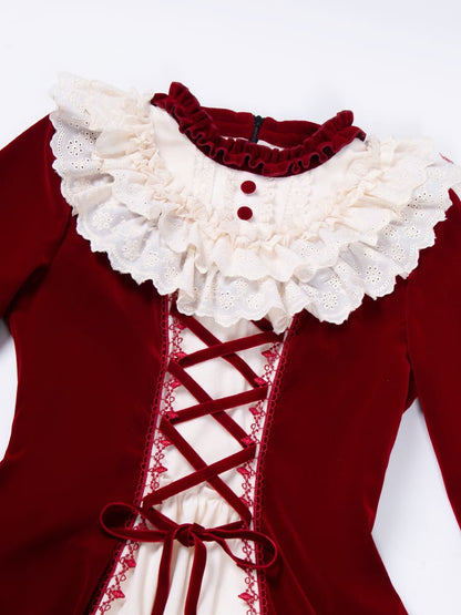 Eyelet Red Winter Beige with Scalloped Velvet Dress Trims Ruffle Neckline Lolita