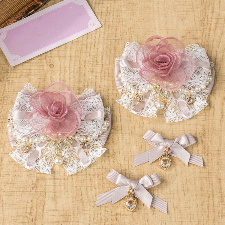 Jirai Kei Dusty Pink/Apricot/Black Heart Charm Hairclips Bowknot