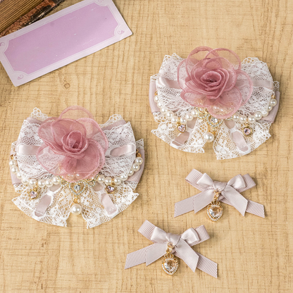 Jirai Kei Dusty Pink/Apricot/Black Heart Charm Hairclips Bowknot