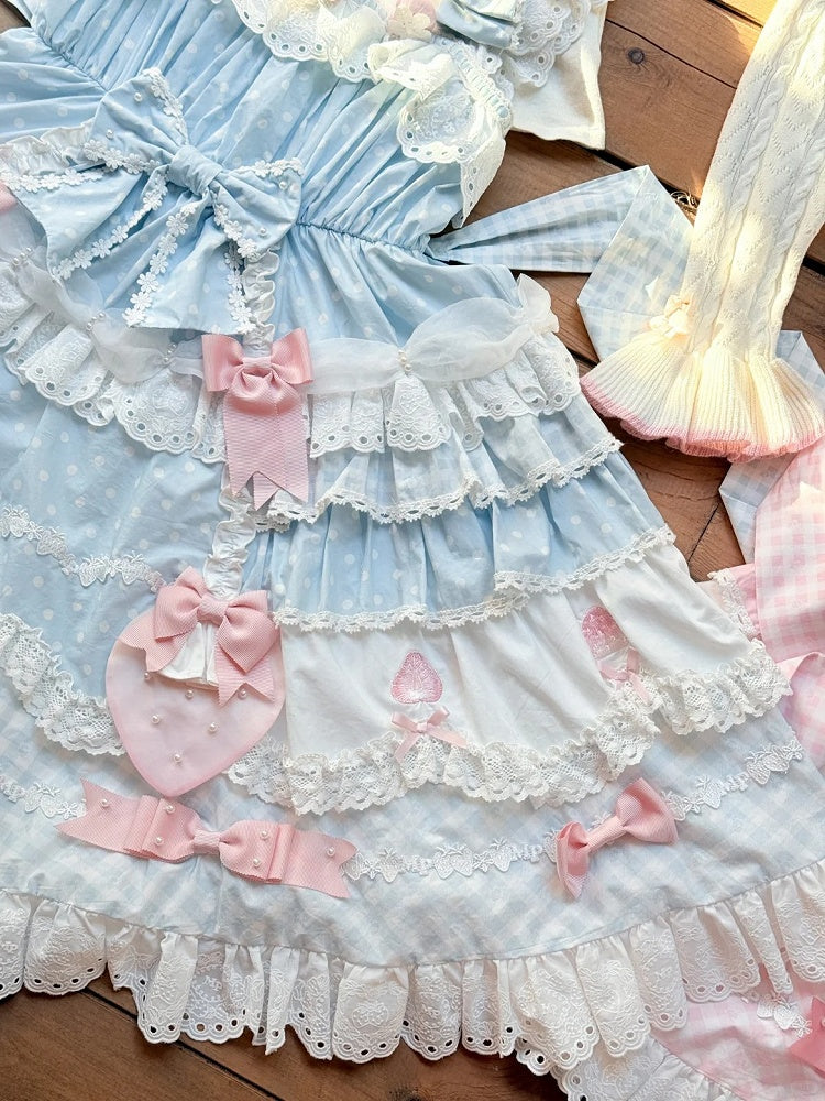 Dress with Layered JSK Sweet Lolita Blue Skirt Bow Accents