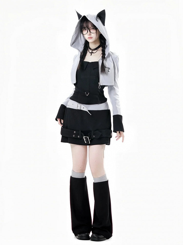 ウルフイヤーズ グレー ジップ フードクロージャーデザイン クロップドジャケット