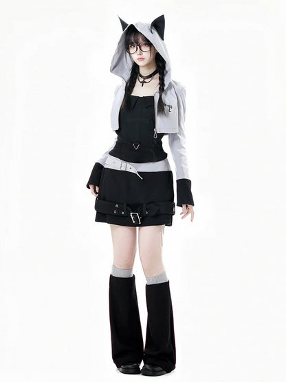 ウルフイヤーズ グレー ジップ フードクロージャーデザイン クロップドジャケット