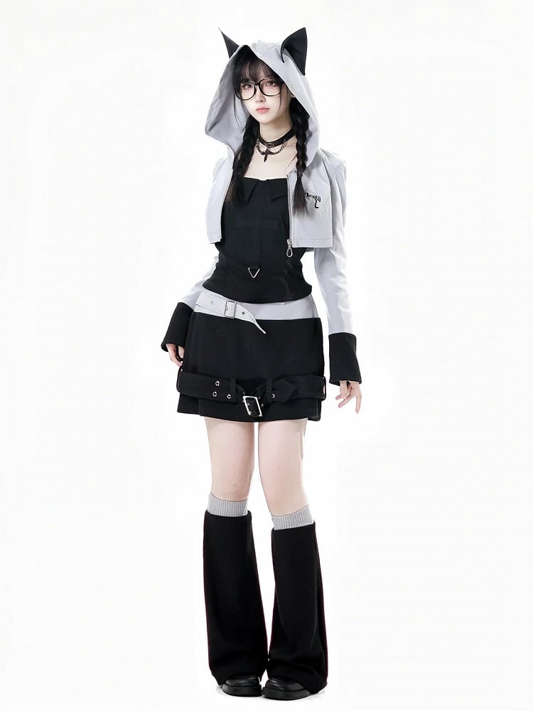 Colorblock Design 45CM Gray Knitted Leg Warmers and Black