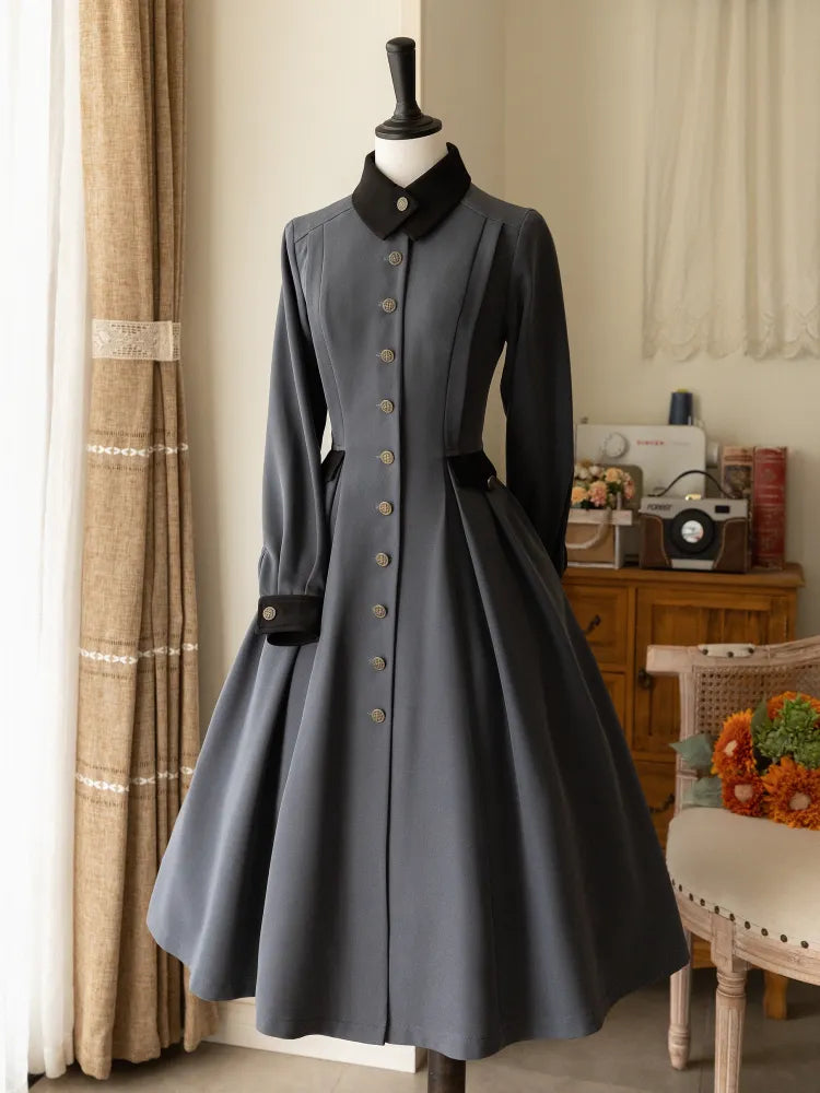 エレガントなワンピース グレー ダーク ウィンター オータム ケープとデザイン クラシック ロリータ