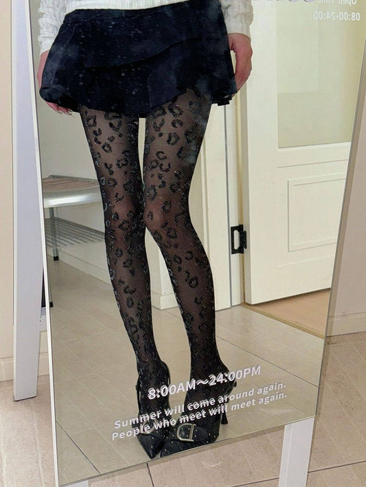 Semi-Sheer Pantyhose Glitter Print Leopard