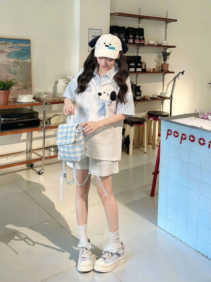 子犬の耳のデザインフード柄の2ピースホワイト＆子犬フェイクTシャツブルーチェック柄