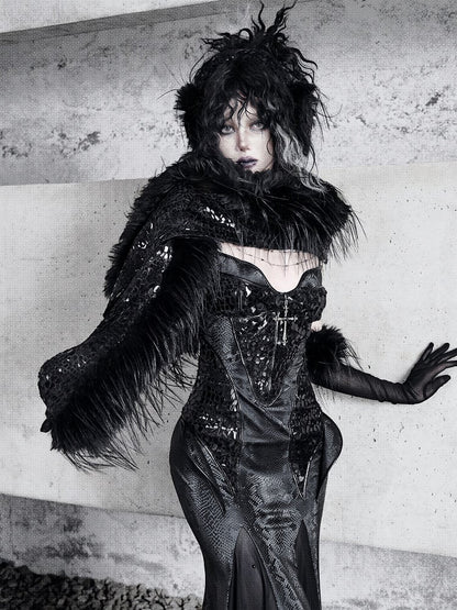 Black Fanx Fur and Glossy Scales Knitted Scarf