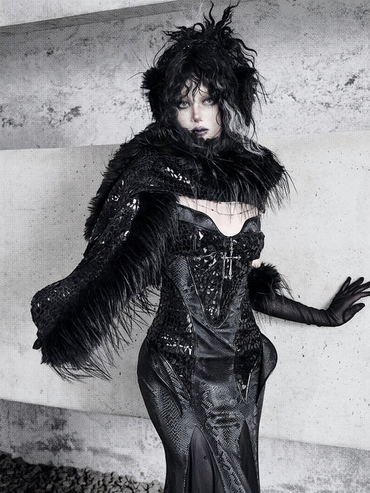 Black Fanx Fur and Glossy Scales Knitted Scarf