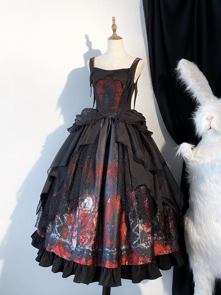 with Layered Gothic Lolita Irregular JSK Dress Red Overlay Black