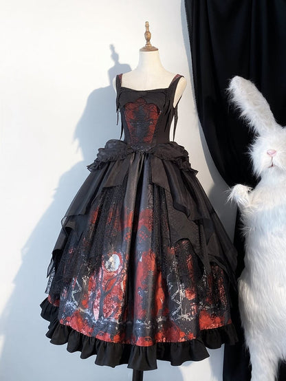 with Layered Gothic Lolita Irregular JSK Dress Red Overlay Black
