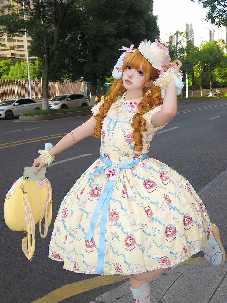 Süßes Lolita-Kleid, süßer Showa-Pullover, gelber Kitty-Creme-Print-Rock, flauschig