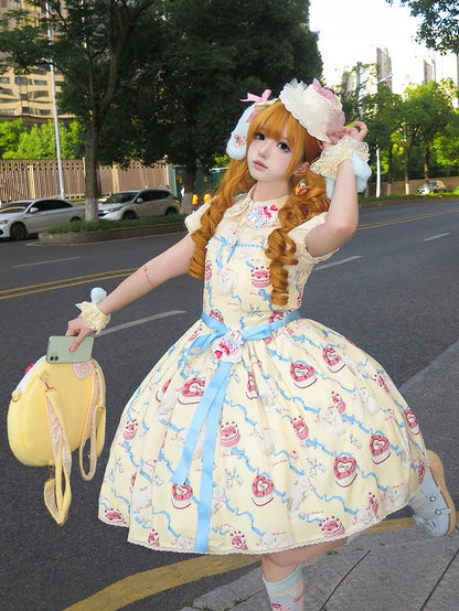 Süßes Lolita-Kleid, süßer Showa-Pullover, gelber Kitty-Creme-Print-Rock, flauschig