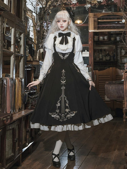 Jabot Top Black + Overall Juliette Shirt High Skirt Elegant Cropped Waist Sleeves Collar Lolita