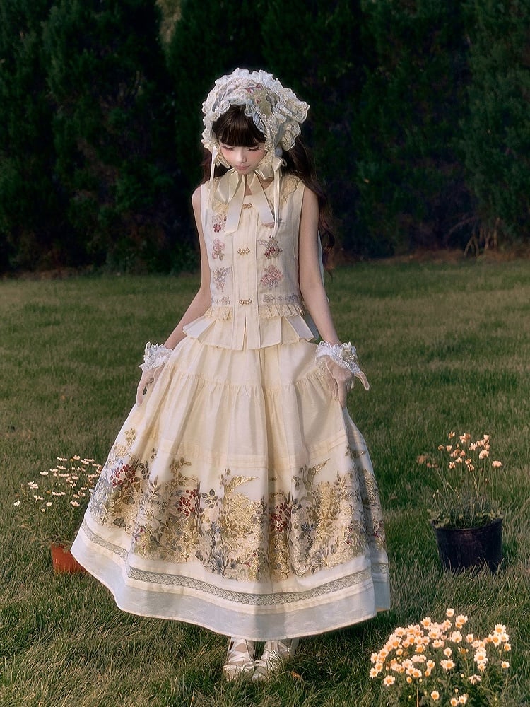 Cottagecore Beige Floral Embroidered Vest with Ruffle & Lace - Yimu Walnut