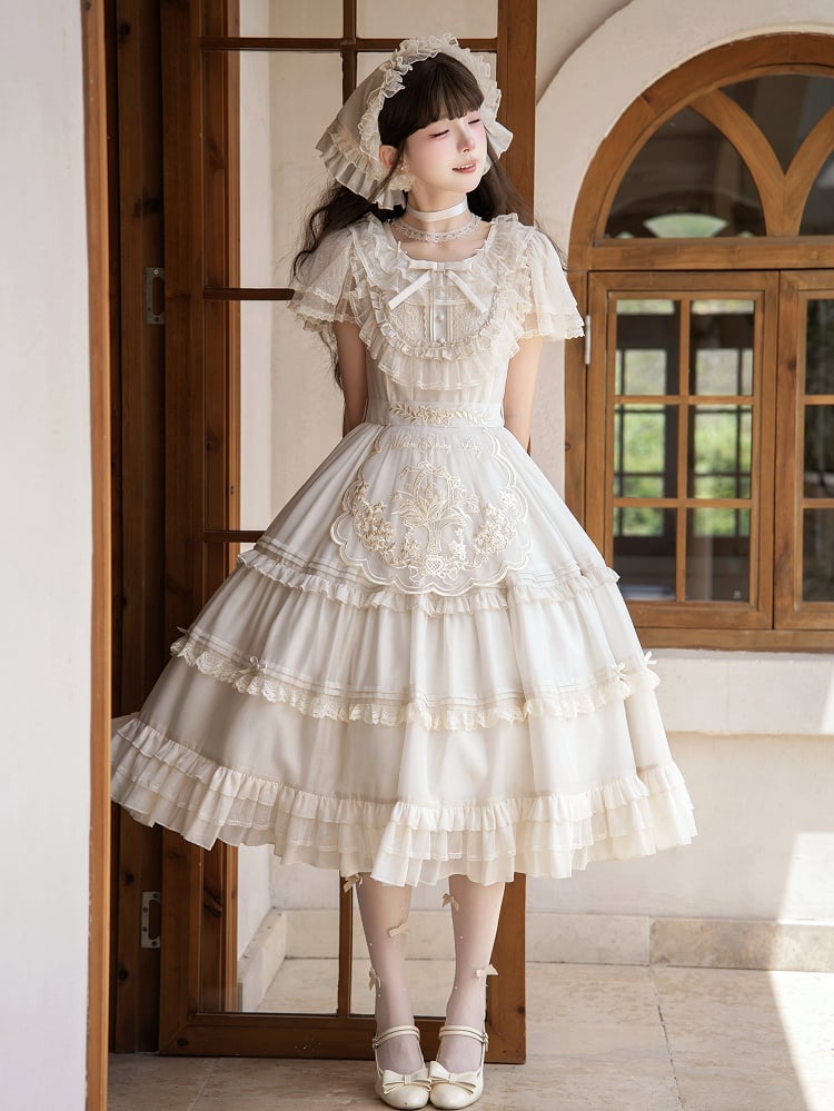Beige Dots Tulle Flutter Sleeve Lolita Dress - Green Castle