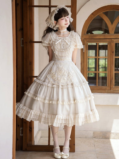 Beige Dots Tulle Flutter Sleeve Lolita Dress - Green Castle