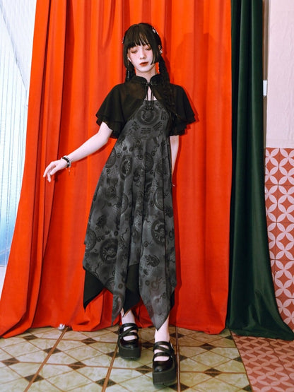 Gothic Black Asymmetric Hem Cami Dress with Dark Chinese Print - Quirky Hut