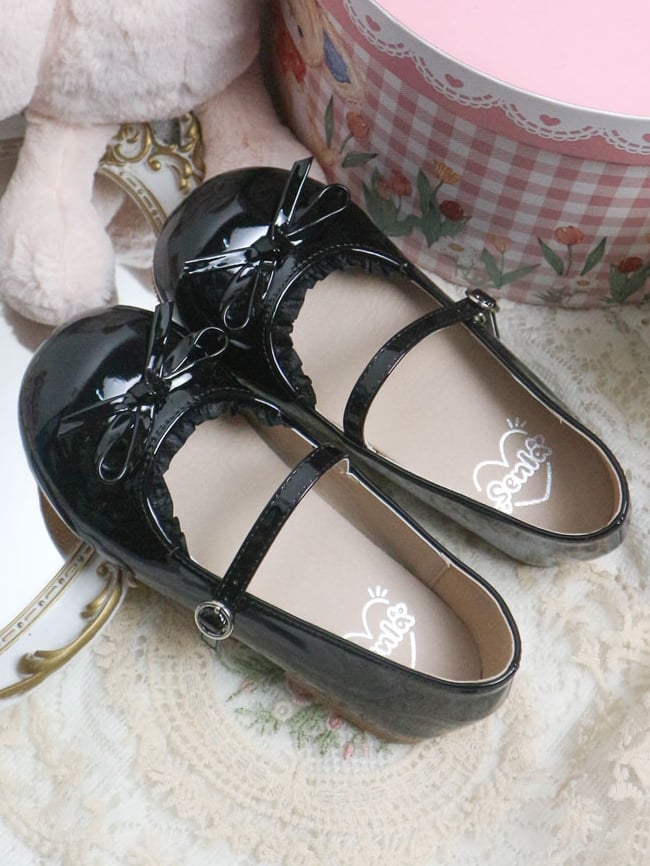 Top Sweet Toe Black Leather Mary Bow Circle Trim Janes PU Buckle Round Lace