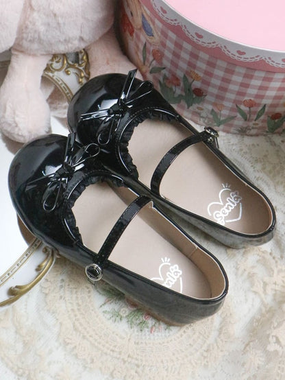 Top Sweet Toe Black Leather Mary Bow Circle Trim Janes PU Buckle Round Lace