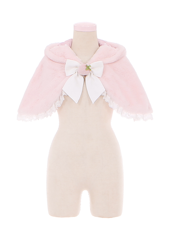 ピンクのうさぎ耳のぬいぐるみフード付きケープ（イチゴの蝶結び付き）