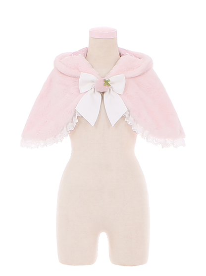 ピンクのうさぎ耳のぬいぐるみフード付きケープ（イチゴの蝶結び付き）