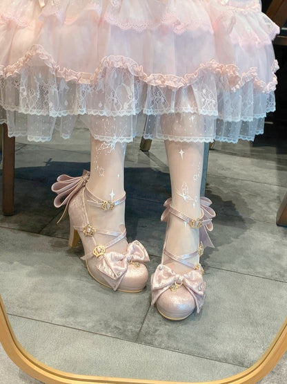 Pink Crown Buckle 8.5cm High Heels with Bowknot and Crystal Accents - Aimee