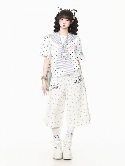 White Star Print Tee with Stripe Shawl and Hairclip - Languid Park