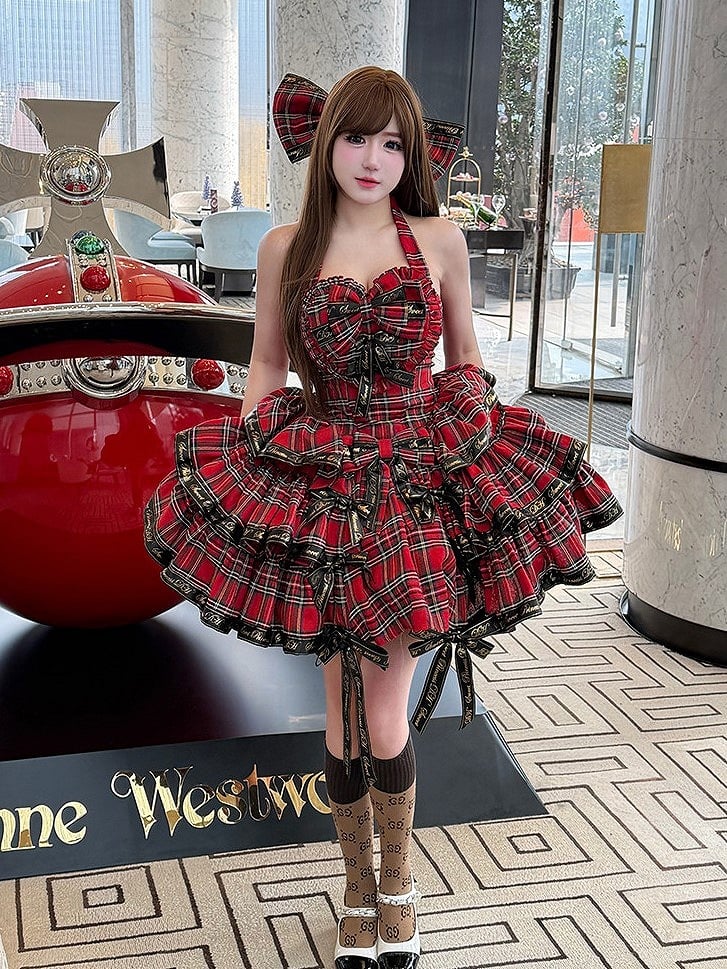 with Dress and Halter Black Ruffles Plaid Punk Red Ribbon Sweet Neck Bows Lolita