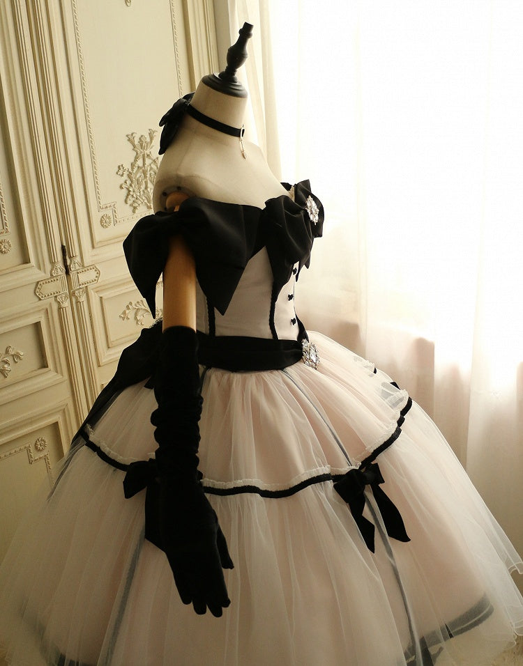Big Bow Off-the-shoulder Neckline Pink Elegant Tea Party Lolita Tulle Dress
