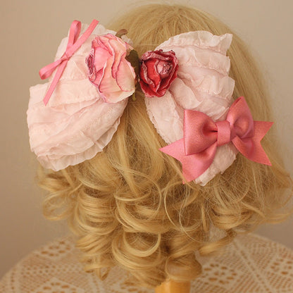 Floral Design Bowknot Details Lace Trim Pink Hairclip