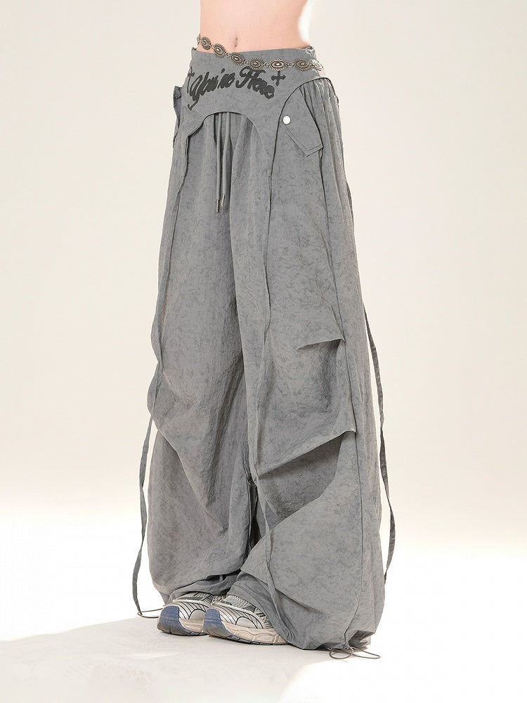 アクセサリー ピンク/グレー ドローストリング ワイドレッグパンツ ウエスト付き