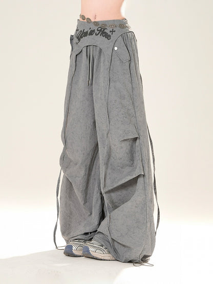 アクセサリー ピンク/グレー ドローストリング ワイドレッグパンツ ウエスト付き